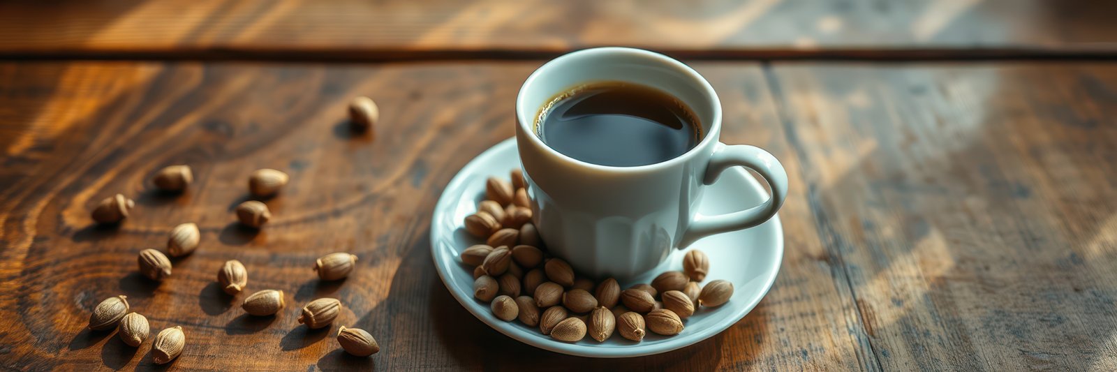 Freshly brewed coffee served with roasted beans on a wooden table
